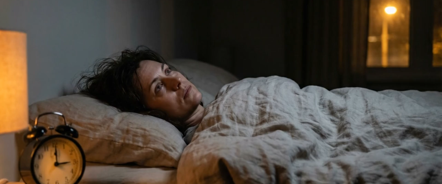 Woman awake in bed at night