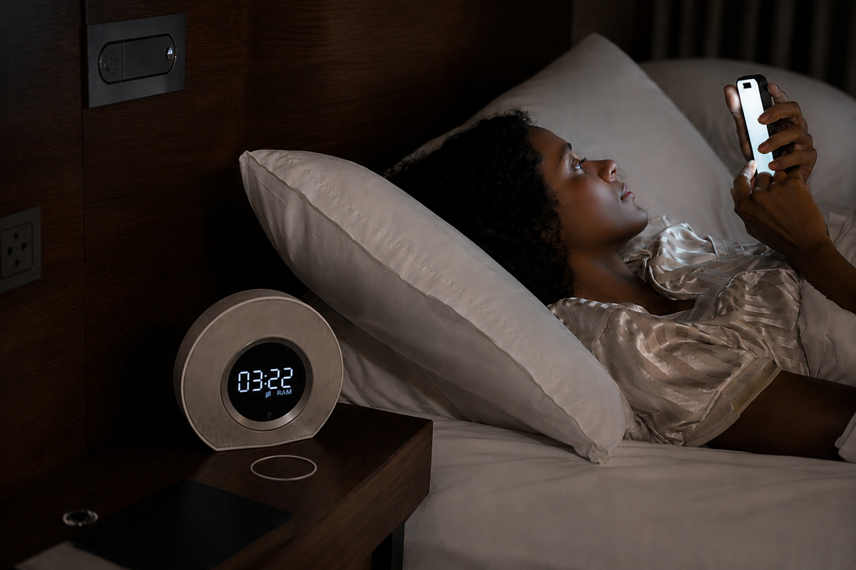 Woman awake in bed at night