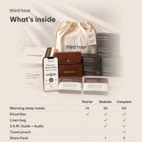 What's inside each Third Hour ritual: sleep masks, Ritual Box, linen bag, 3 A.M. Guide and audio, travel pouch and Share Packs, compared across Starter, Bedside and Complete.