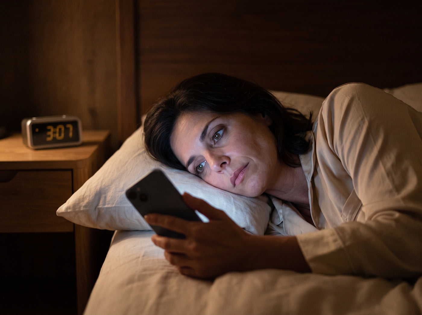Woman lying awake in bed at night looking at her phone, bedside clock showing 3:07